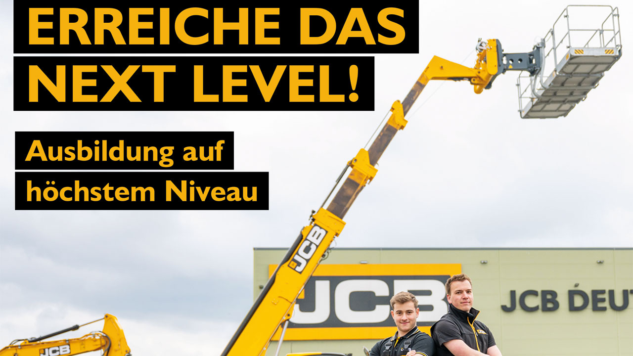 Gelber Slogan auf schwarzer Grund "ERREICHE DAS NEXT LEVEL! Ausbildung auf höchstem Niveau". Rechtsseitig sieht man einen Kran.
