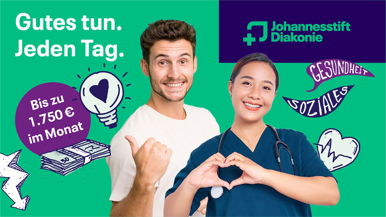 Zwei junge lächelne Personen in Pflegebekleidung vor einem grünen Hintergrund, Bildaufschrift: Gutes tun. Jeden Tag. 