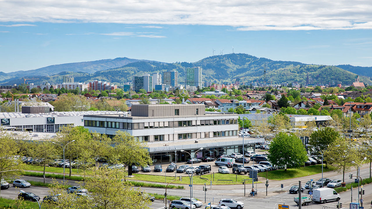 Das Firmengelände der Kestenholz GmbH mit Bergen im Hintergrund