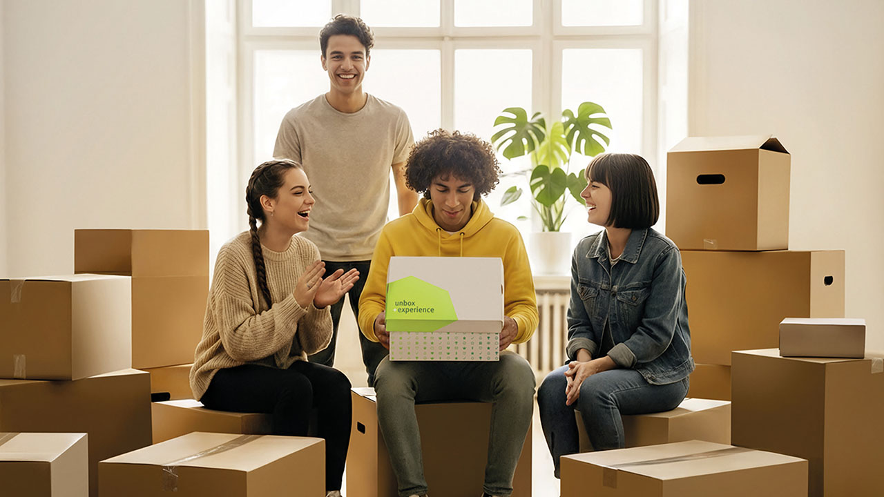 Vier junge Menschen sitzen auf Pappkartons, im Hintergrund weitere Pappkartons