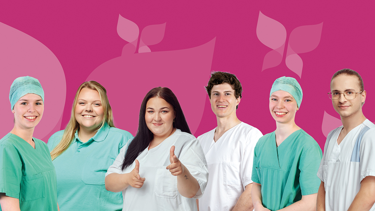 Sechs Personen in verschiedenen Arbeitskleidungen der Medizin