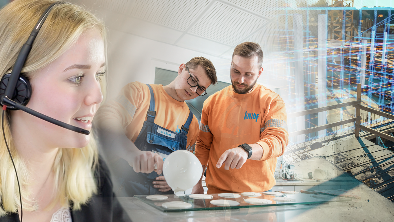 Collage: Auf der linken Seite sieht man eine junge Mitarbeiterin mit Headset bei der Arbeit daneben erklärt ein Ausbilder einem jungen Mann gerade etwas an einem Werkstück und im rechten Bild sieht man eine Gebäudegrafik.