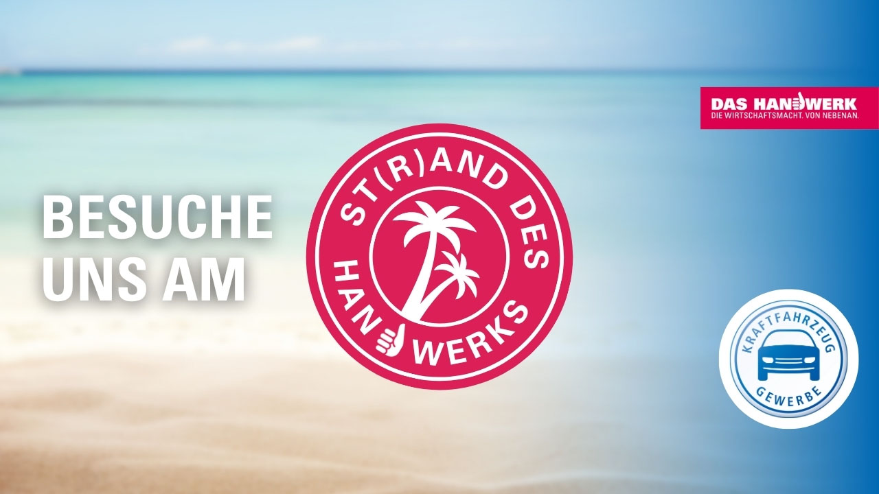 Strandbild mit Aufschrift "Besuche uns am St(r)and des Handwerks" und Logo Kraftfahrzeug-Innung Oldenburg  