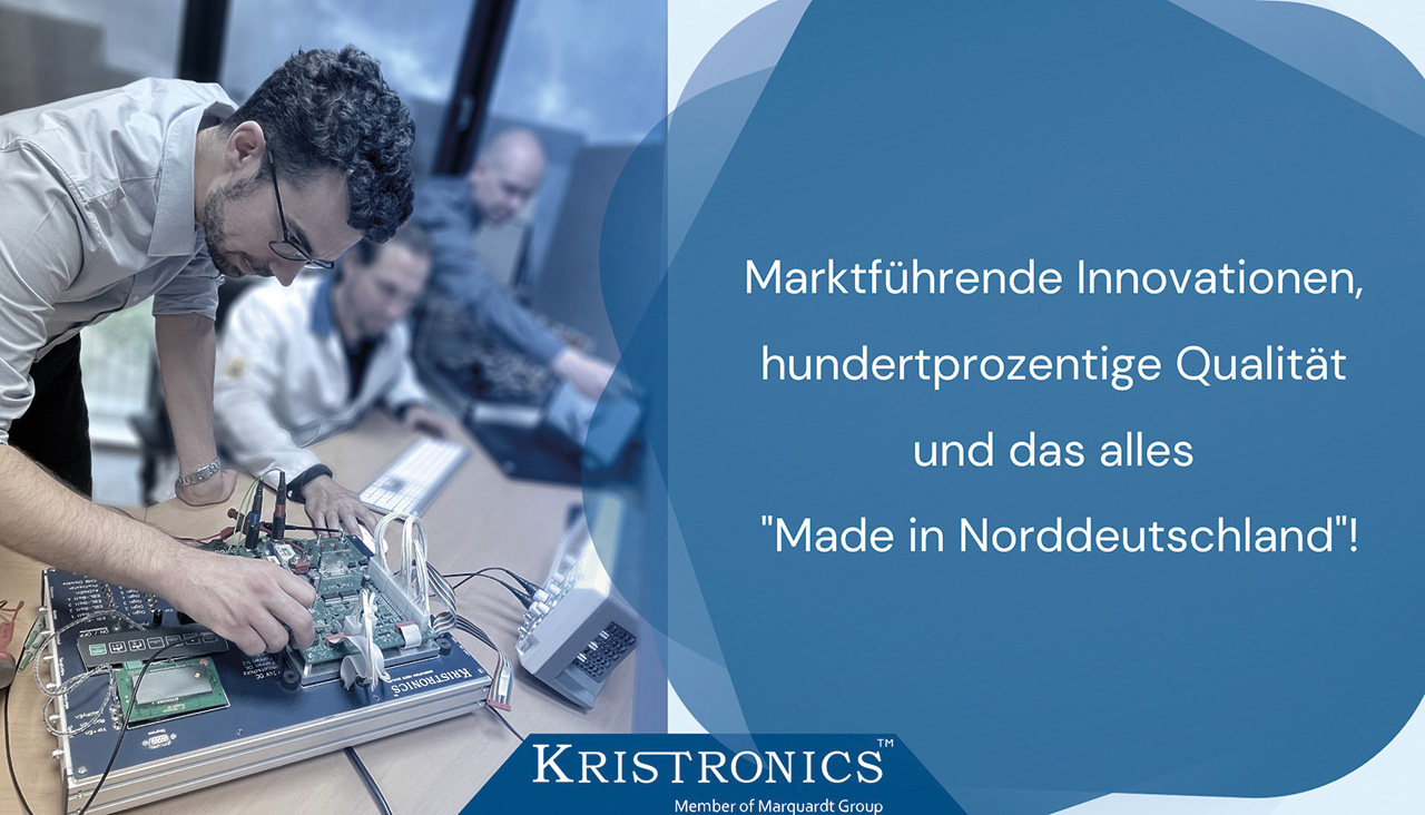Elektroniker für Geräte und Systeme bei der Arbeit, Bildaufschrift: Marktführende Innovationen, hundertprozentige Qualität und das alles "Made in Norddeutschland"!