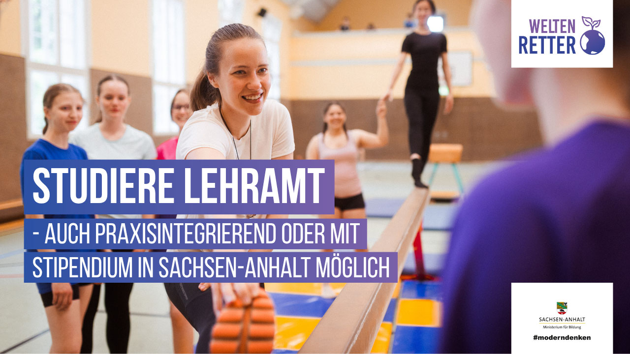 Werbekampagne, im Hintergrund Sportunterricht am Schwebebalken