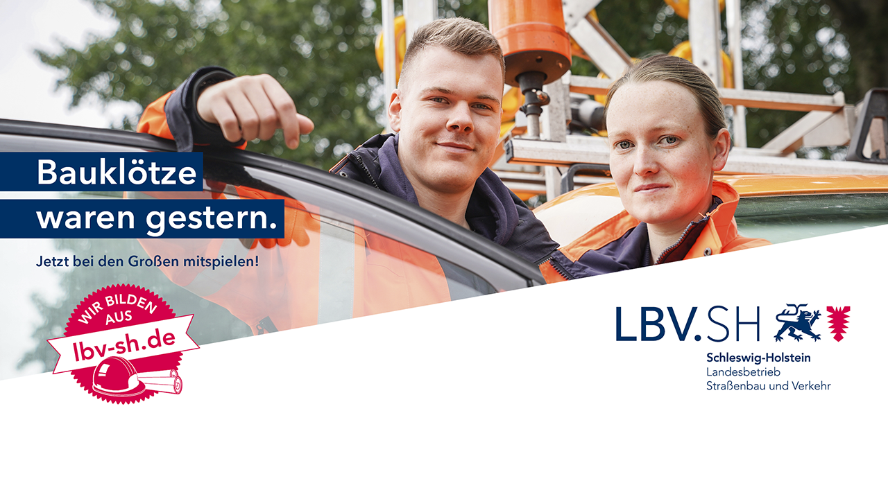 Kampagnenbild mit Logo und Person in Arbeitskleidung, Bildaufschrift: Bauklötze waren gestern!