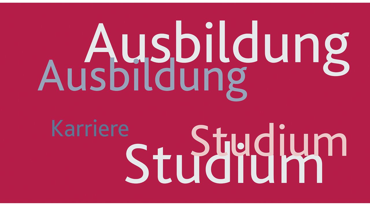 Graphik, roter Hintergrund darauf die Worte Ausbildung, Karriere, Studium