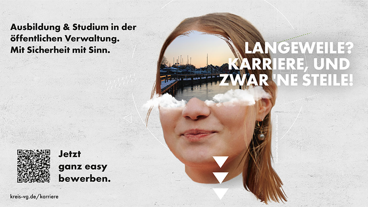 Grafische Darstellung einer weiblichen Person: in den Augen sieht man einen Bootsanleger.
