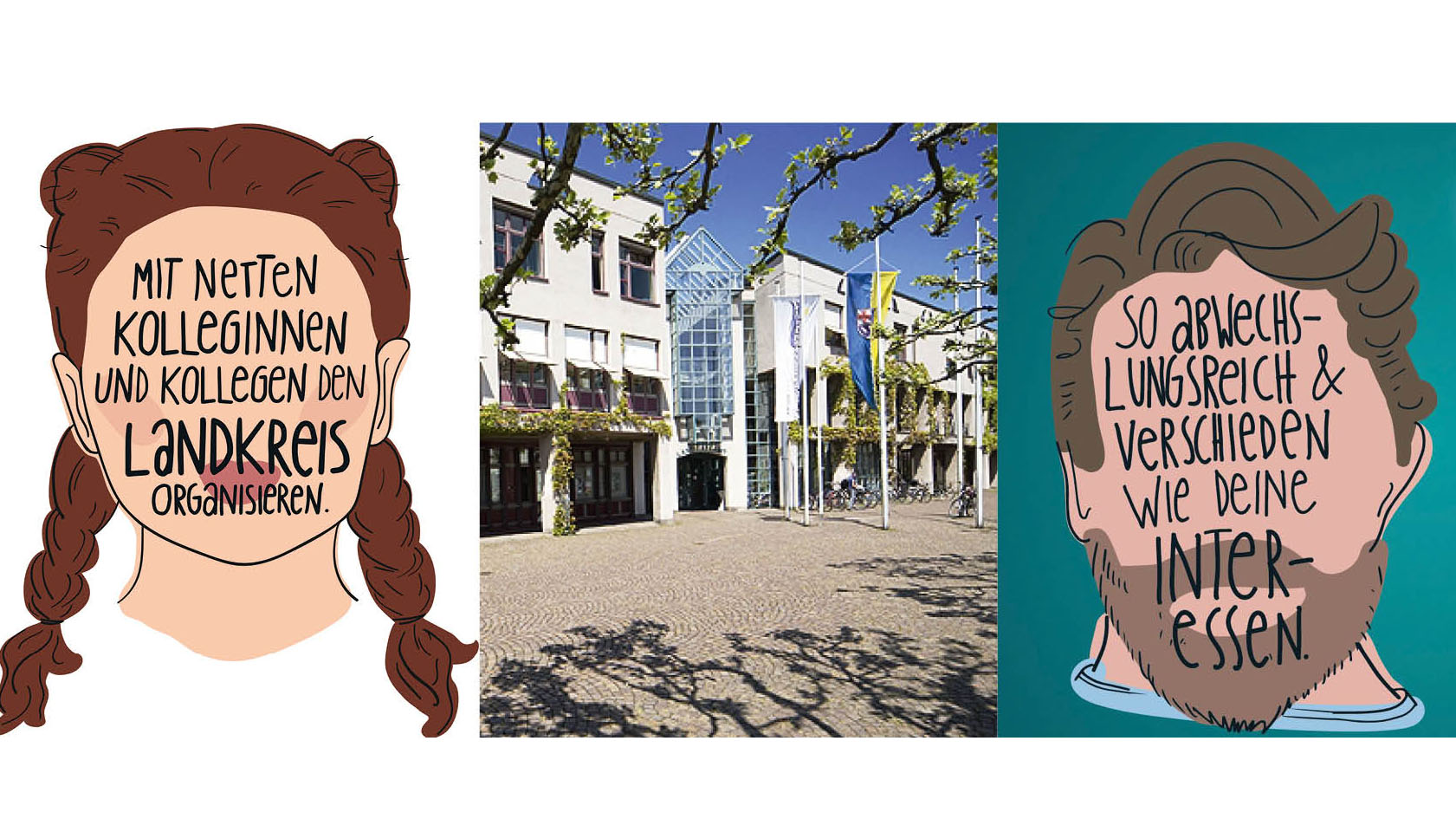 Bildcollage aus drei Bildern. Links- und rechtsseitig Grafiken von Köpfen mit Gedankenblasen, mittig ist das Landratsamt Konstanz zu sehen.