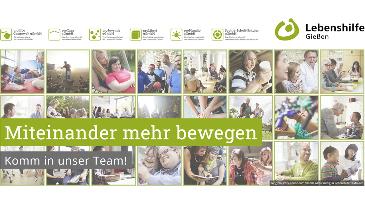 Collage aus vielen Bildern. Dazu der Slogan "Miteinander mehr bewegen Komm in unser Team".