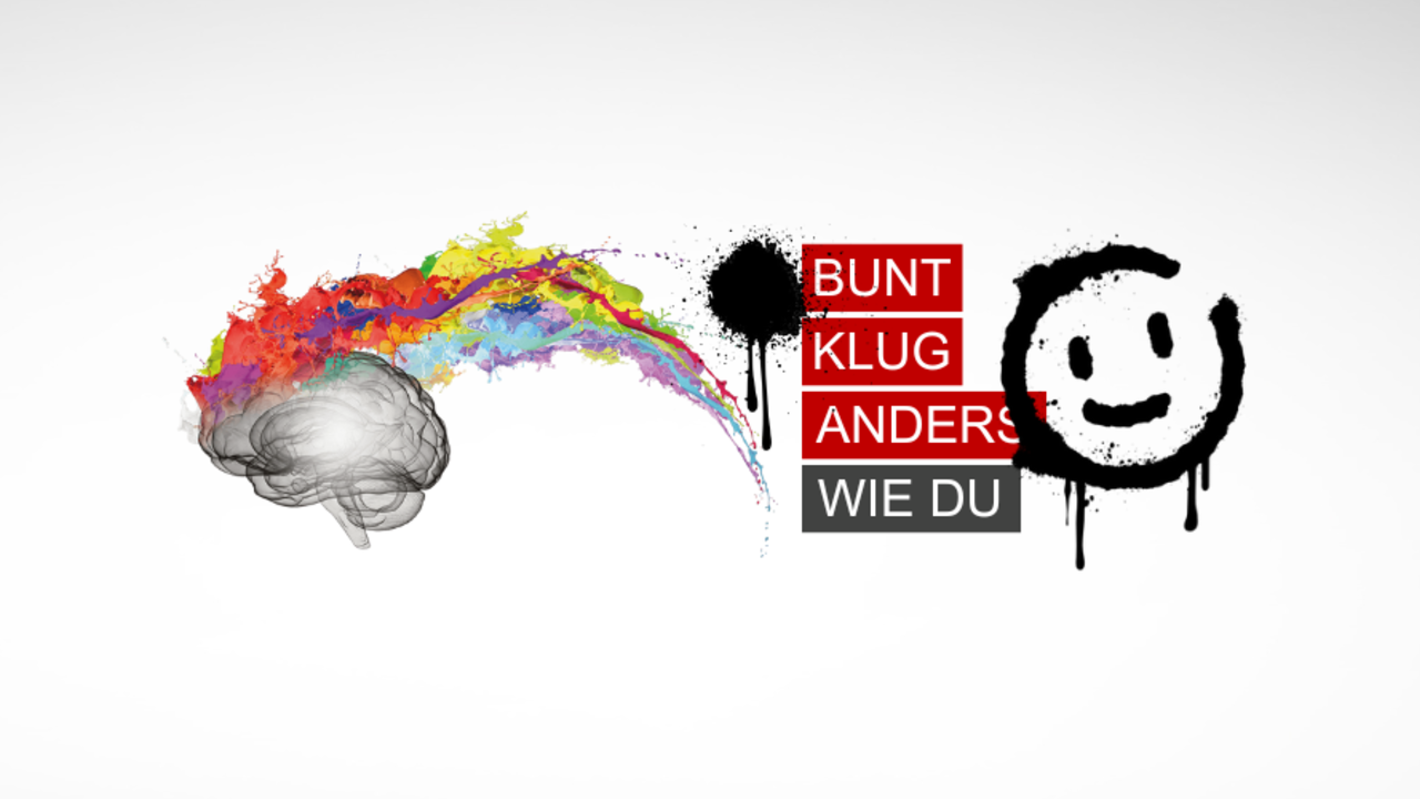 Kampagnenbild Abbildung Gehirn aus dem viele Farben im Bogen sprudeln und der Slogan "Bunt - klug - anders - wie du und ein schwarzer Smiley