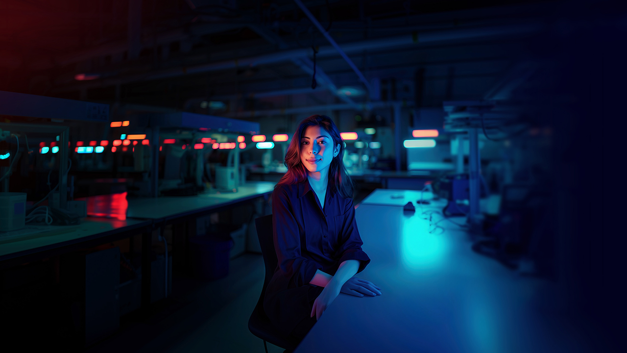 Das Bild zeigt eine Person, die an einem Tisch in einer modern wirkenden Labor- oder Arbeitsumgebung sitzt. Der Raum ist dunkel und wird von blauem und rotem Licht beleuchtet, wodurch eine futuristische Atmosphäre entsteht. Im Hintergrund sind technische Geräte und Arbeitsplätze zu erkennen. Die Person blickt ruhig zur Seite, die Hände liegen entspannt auf dem Tisch.