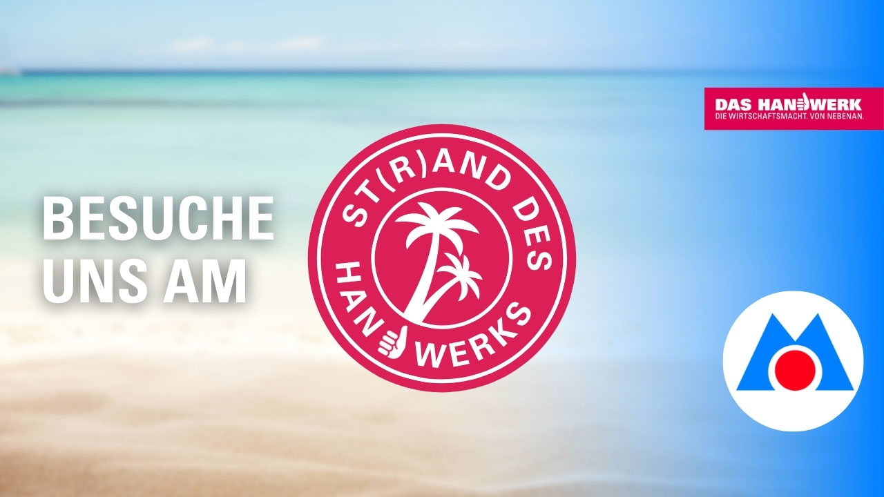 Strandbild mit Aufschrift "Besuche uns am St(r)and des Handwerks" und Logo Baugewerken-Innung Oldenburg