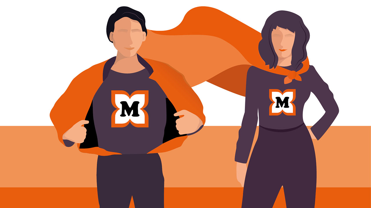 Vektorgrafik von zwei Superhelden mit Umhang mit Firmenlogo auf dem Shirt