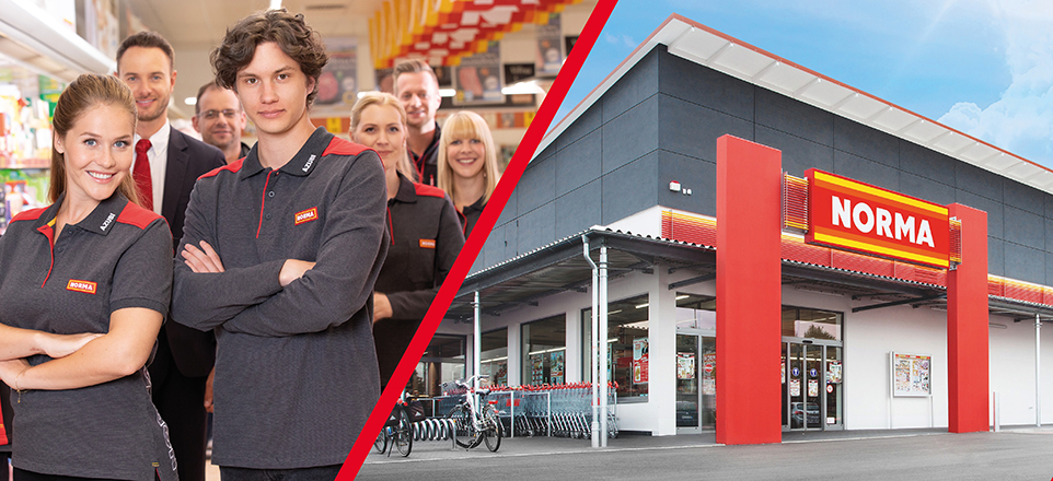 Collage aus zwei Bildern. Links ein Personengruppe, rechtsseitig eine Filiale.