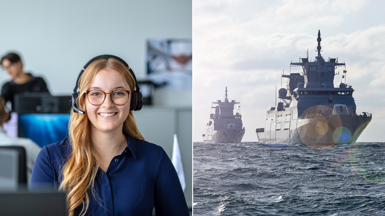 Bildcollage: Junge lächelnde Person mit Brille und Headset / Schiff auf dem Wasser
