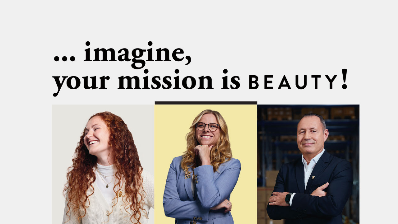 Bildcollage zeigt verschiedene Personen in unterschiedlichen Posen. Darüber der Slogan " ... imagine, your mission is BEAUTY!".