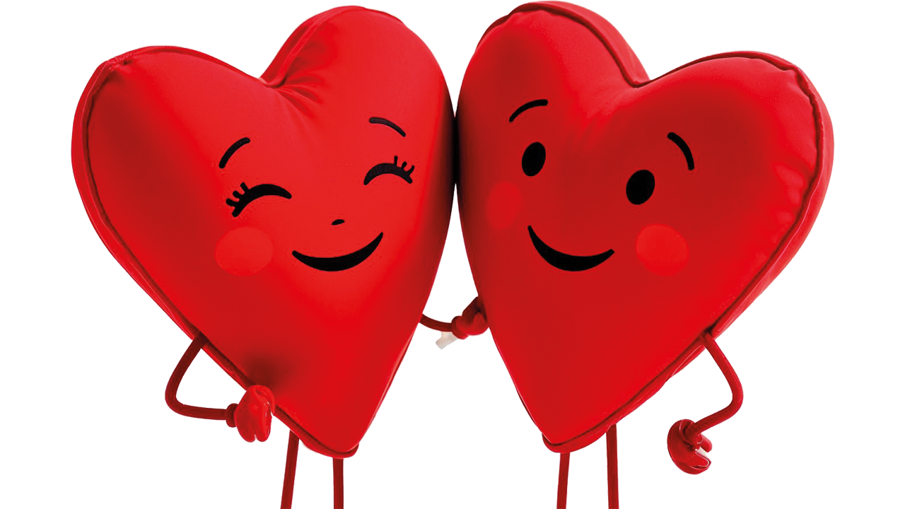 Zwei Herzen mit freundlichen Gesichtern, Armen und Beinen freundlich einander zugewandt.