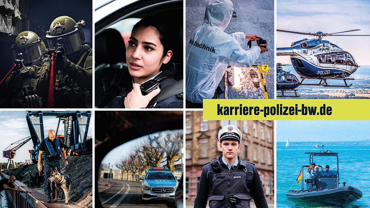 Bildcollage: Es werden verschiedene Einsatzbereiche der Polizei Baden-Württemberg gezeigt.