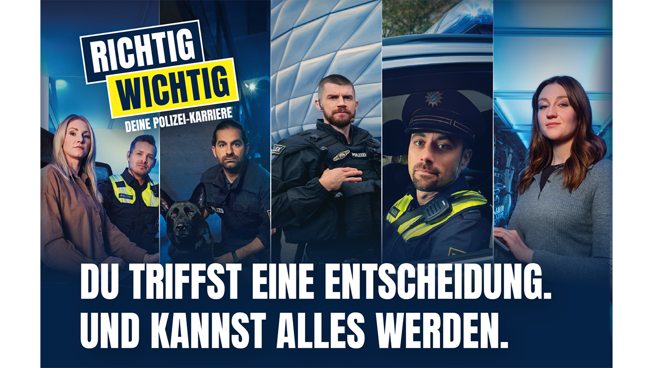 Werbekampagne: Bilder von verschiedenen Polizeibereichen. "Richtig wichtig. Deine Polizei Karriere."