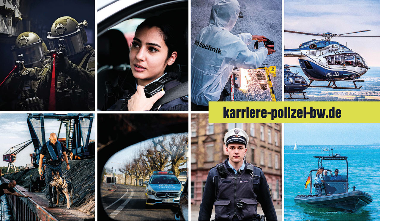 Das Bild zeigt eine Collage mit verschiedenen Einsatzszenen der Polizei Baden-Württemberg: bewaffnete Spezialeinheit, Person im Streifenwagen, Spurensicherung, Polizeihubschrauber, Diensthund, Streifenwagen im Rückspiegel, uniformierte Person und Polizeiboot auf dem Wasser. In der Mitte steht die Website: karriere-polizei-bw.de.
