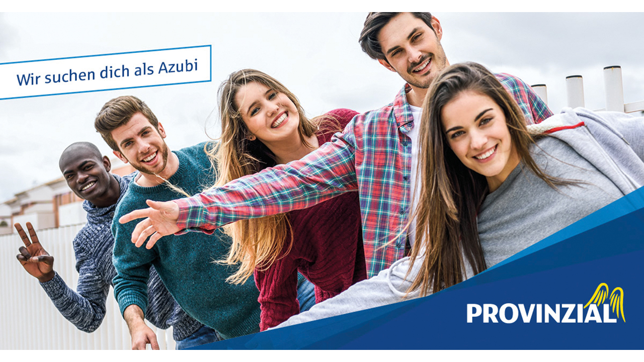 Menschengruppe guckt in die Kamera. Als Slogan steht dort "Wir suchen die als Azubi"