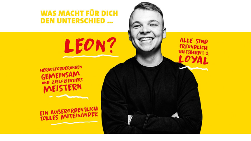 Junge Person im Vordergrund, die lacht. Darüber steht die Frage: WAS MACHT FÜR DICH DEN UNTERSCHIED... LEON? Verschiedene Antworten.