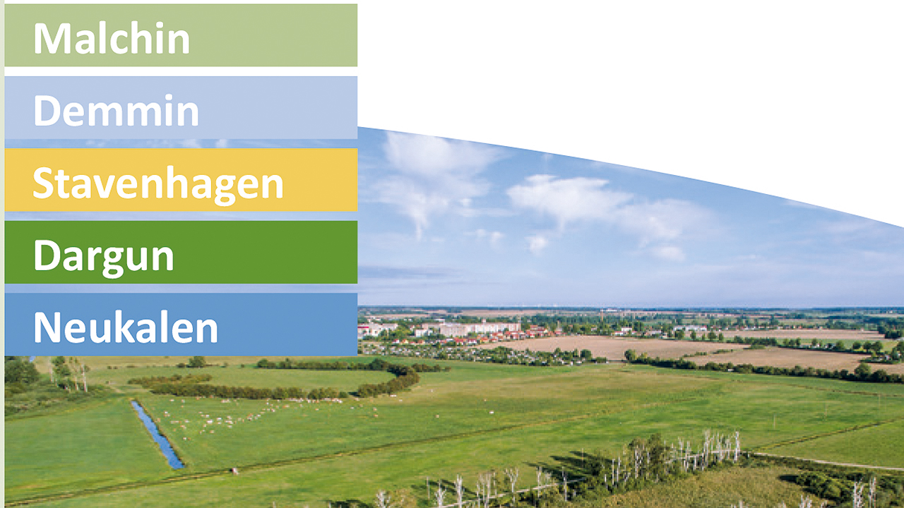 Bild einer Landschaft, linksseitig untereinander eine Aufzählung verschiedener Städte wie Malchin, Demmin, Stavenhagen, Dargun und Neukalen.
