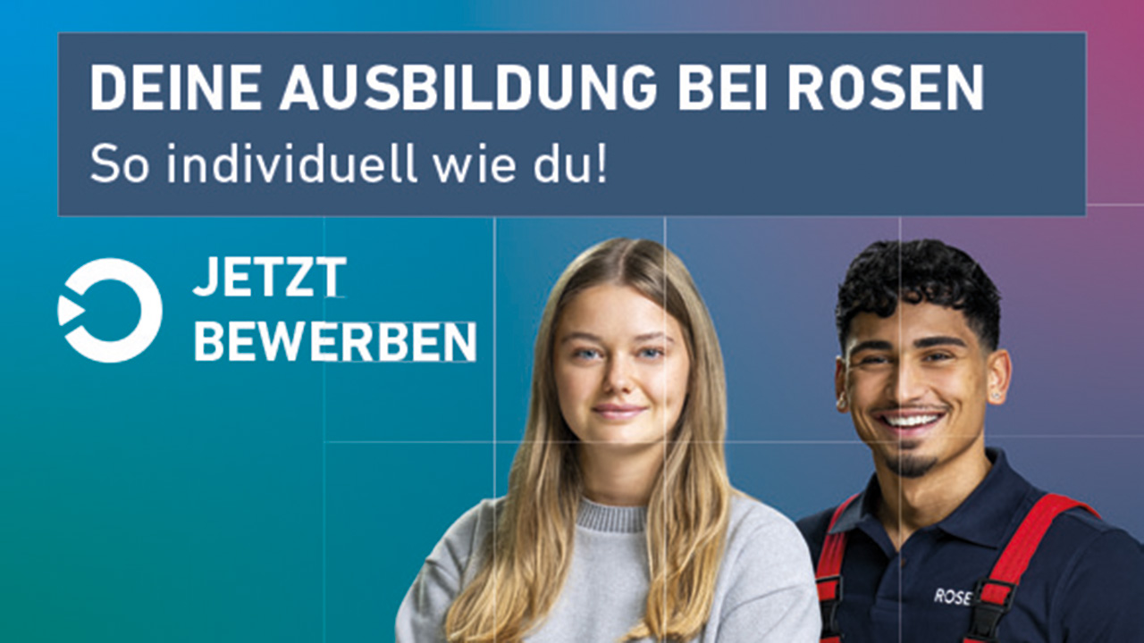 Azubianzeige mit der Aufschrift: Deine Ausbildung bei Rosen. So individuell wie du! Jetzt bewerben