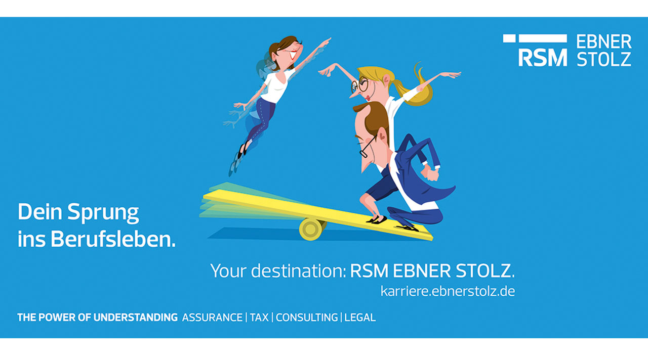 Karikatur: Drei Personen springen auf einer Wippe. Daneben steht der Slogan: Dein Sprung ins Berufsleben. Your destination. RSM EBNER STOLZ.