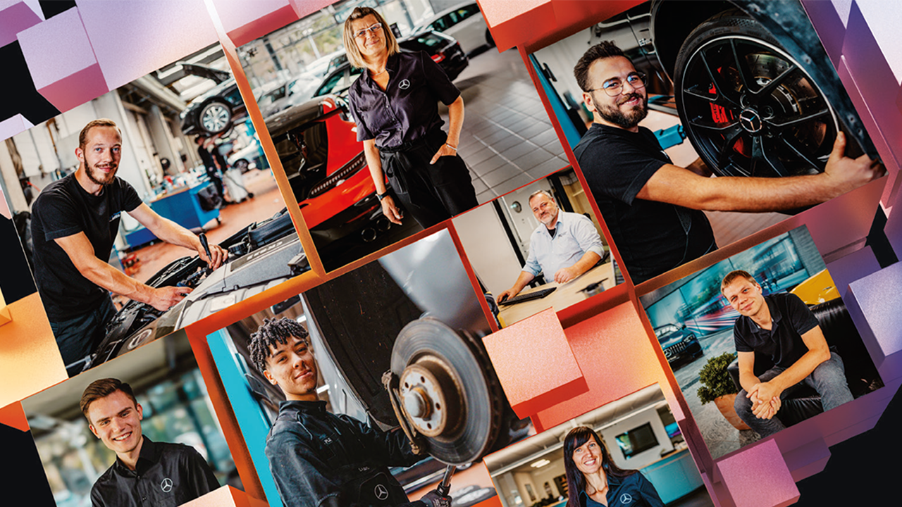 Bildcollage mit verschiedenen Mitarbeitenden, die an ihren Arbeitsplätzen, zum Beispiel Werkstatt oder Büro zu sehen sind.