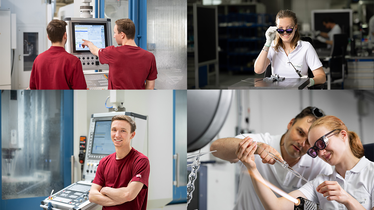Eine Collage aus vier Bildern von Leuten die in einer Produktion arbeiten