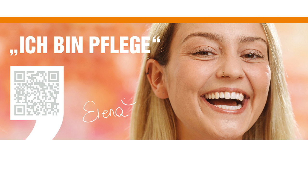 Bild einer jungen lachenden Frau "Ich bin Pflege" Elena Lachsmiley und ein QR-Code