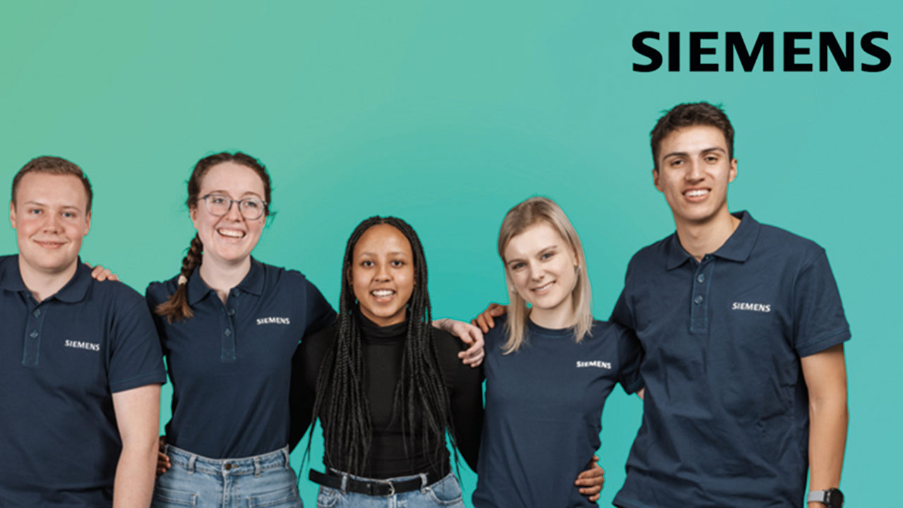 Auszubildende von Siemens vor einem türkisfarbenen Hintergrund