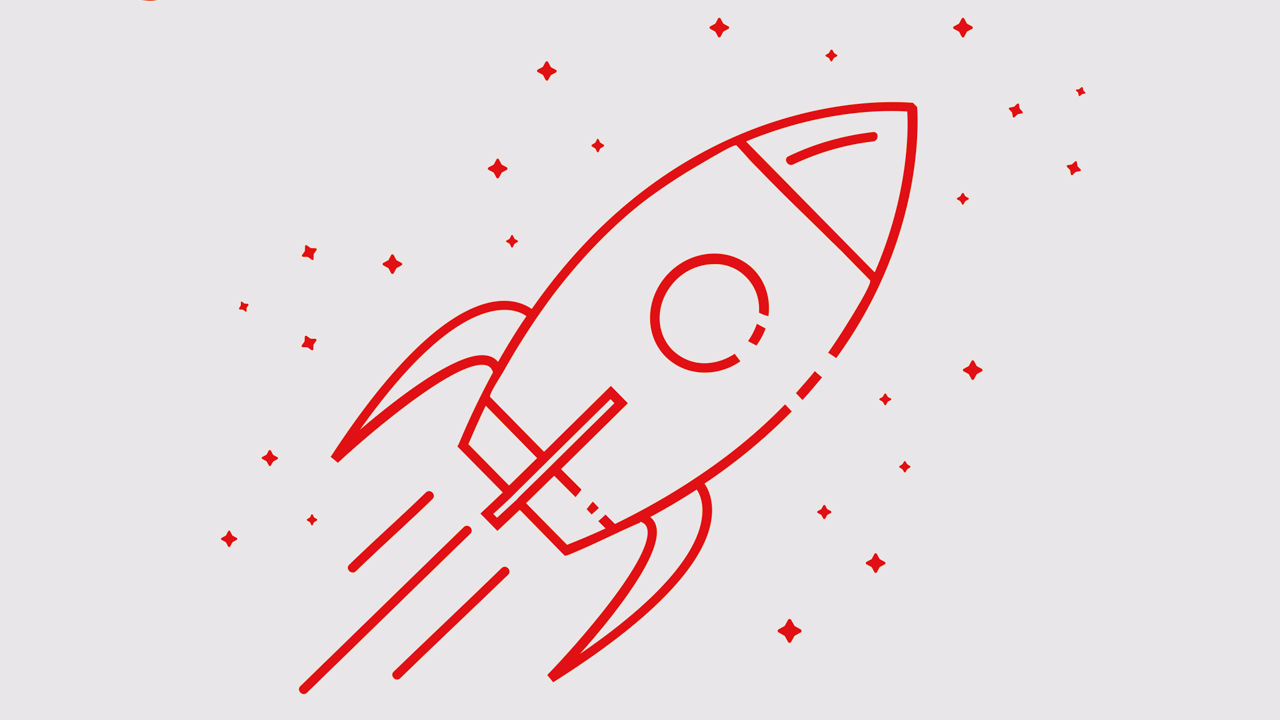 Das Bild zeigt eine stilisierte, rote  Rakete auf grauem Hintergrund. 