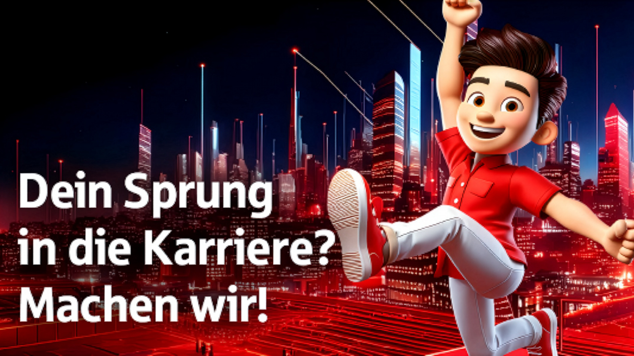 Illustration einer fröhlichen Cartoon-Figur (junger Mann) mit braunen Haaren und rotem Hemd, die mit erhobenem Arm und angezogenem Bein einen Sprung macht. Im Hintergrund ist eine futuristisch wirkende Stadt bei Nacht mit vielen Hochhäusern und roten Lichtern zu sehen. Links im Bild steht der Text: „Dein Sprung in die Karriere? Machen wir!“.