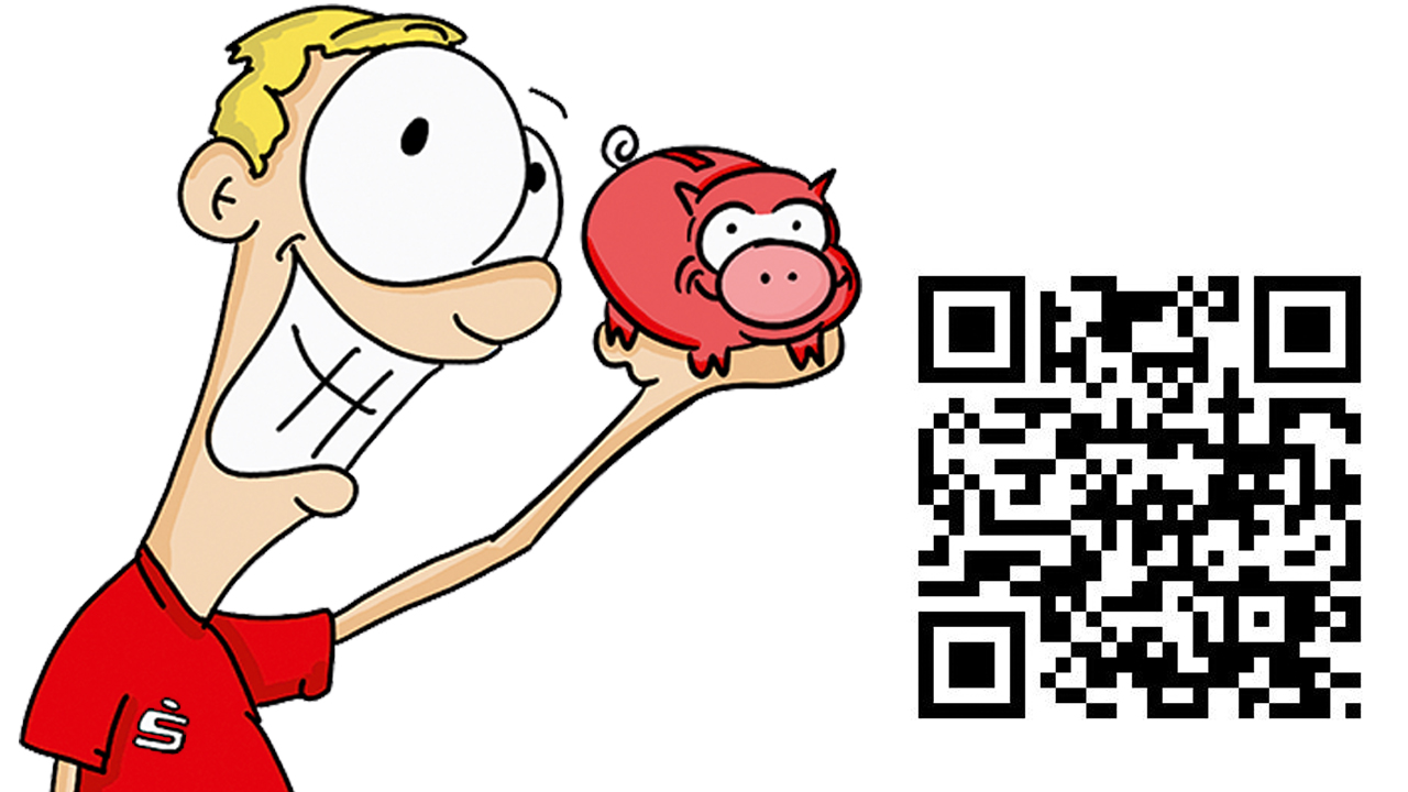Grafische Darstellung, rechtsseitig ist ein QR-Code zu sehen und linksseitig eine Karrikatur einer Person mit Sparschwein in der Hand.
