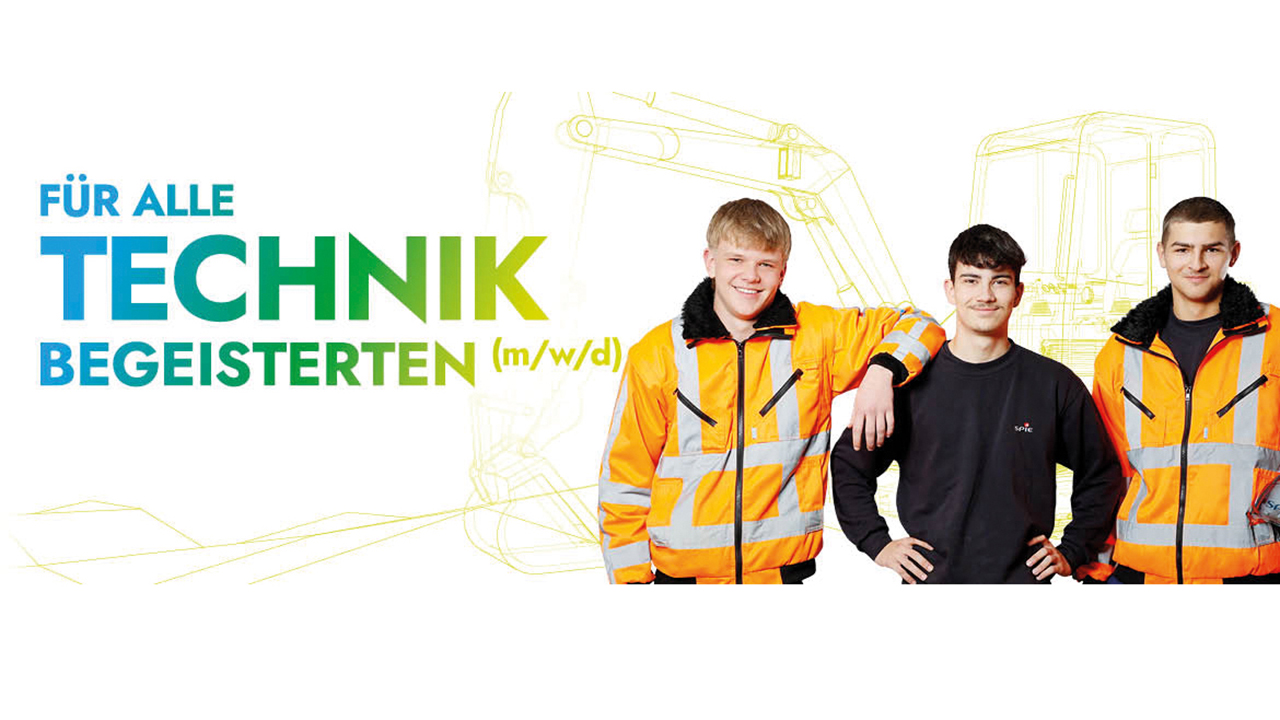 Drei junge Männer teilweise mit leuchtenden orangen Arbeitsjacken. Auf dem Bild steht: Füt alle Technikbegeisterten (m/w/d)