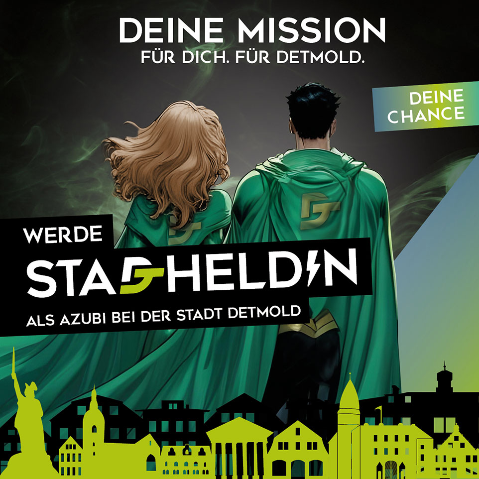 Comic von zwei Helden mit dem Slogan: "WERDE STADTHELD/IN ALS AZUBI BEI DER STADT DETMOLD"