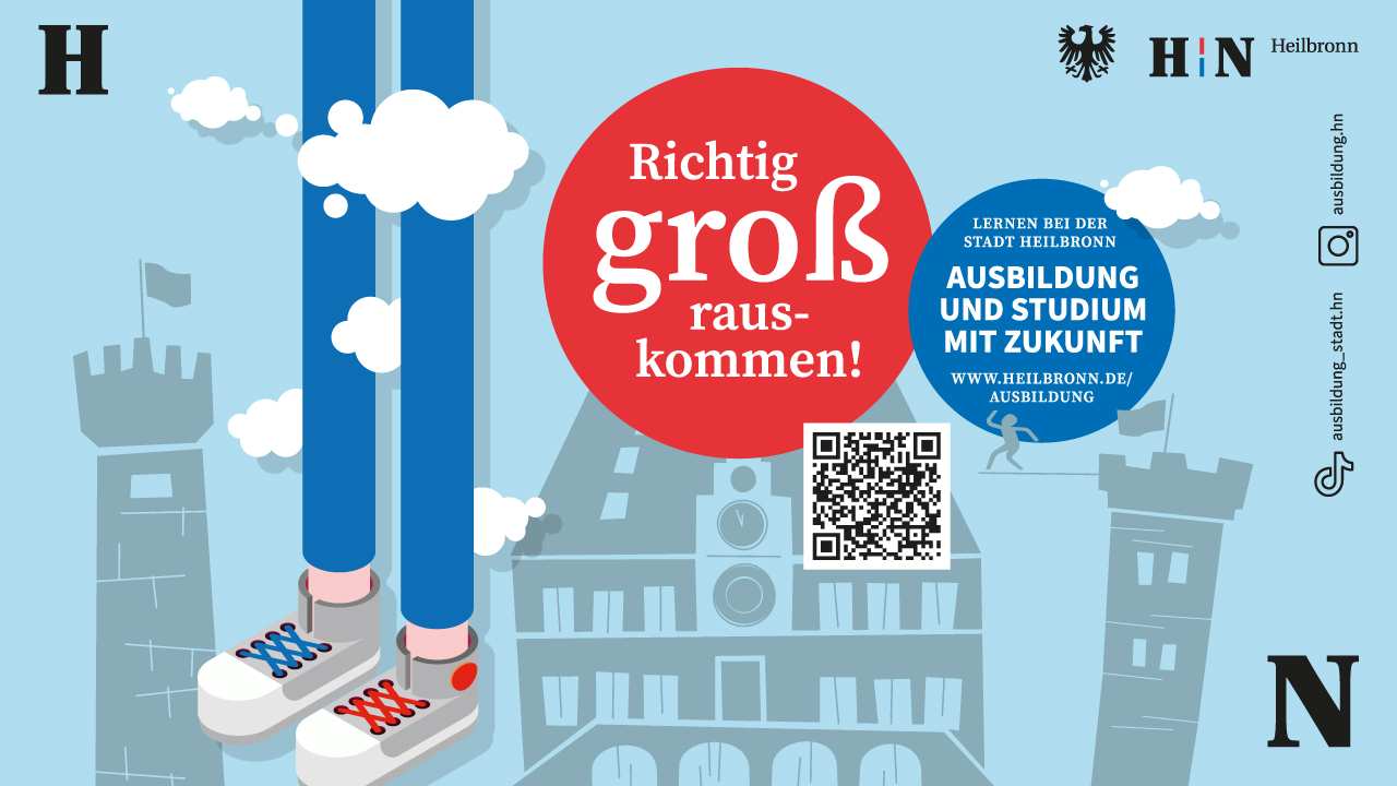 Banner der Stadt Heilbronn, mittig ein roter Kreis mit dem Slogan "Richtig groß rauskommen!"
