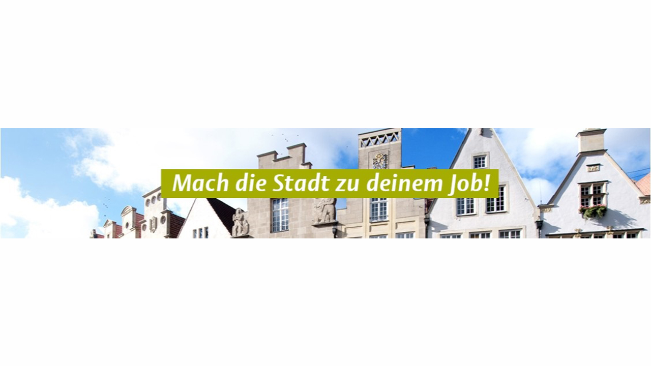 Ausschnitt einer Häuserzeile vor blauem Himmel mit weißen Wolken darüber der Schriftzug Mach die Stadt zu deinem Job!