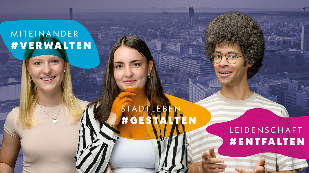 3 junge Menschen vor der Frankfurter Stadtkulisse.