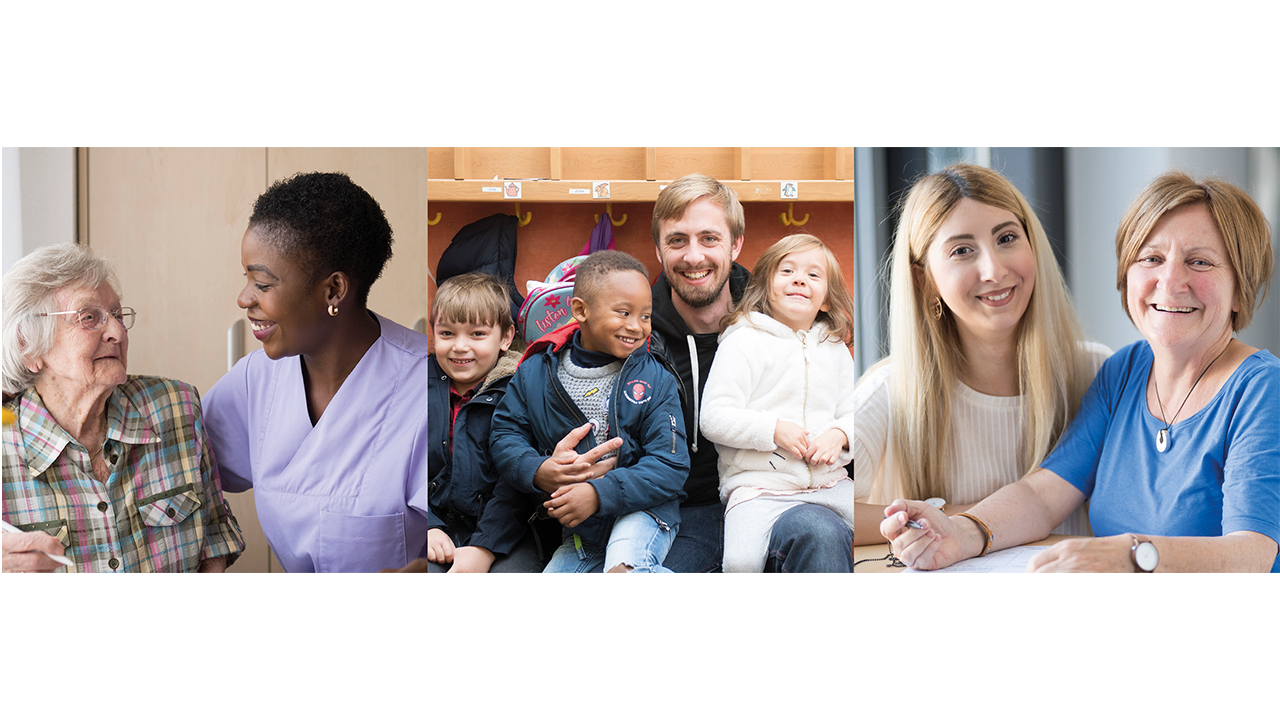 Drei Fotos aus dem Berufsalltag sozialer Berufe. Bild 1 zeigt eine Pflegerin mit einer älteren Dame, auf Bild zwei ist ein Erzieher mit mehreren Kindern in einer Kita-Garderobe zu sehen und auf dem dritten eine junge und eine ältere Person.