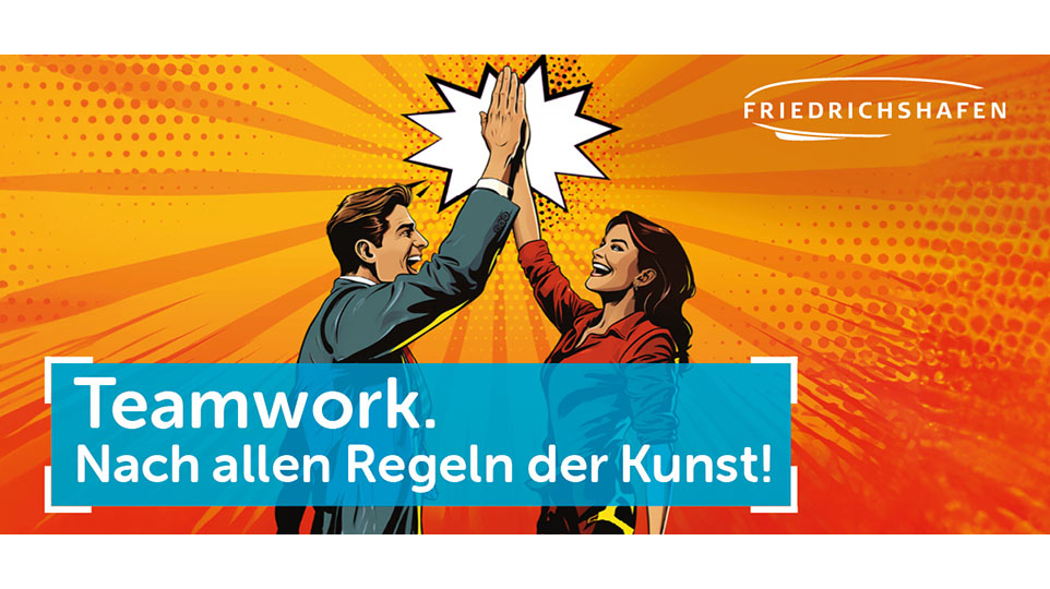 Grafik von zwei Personen, die mit den Händen abklatschen. Darunter der Slogan "Teamwork. Nach allen Regeln der Kunst!"