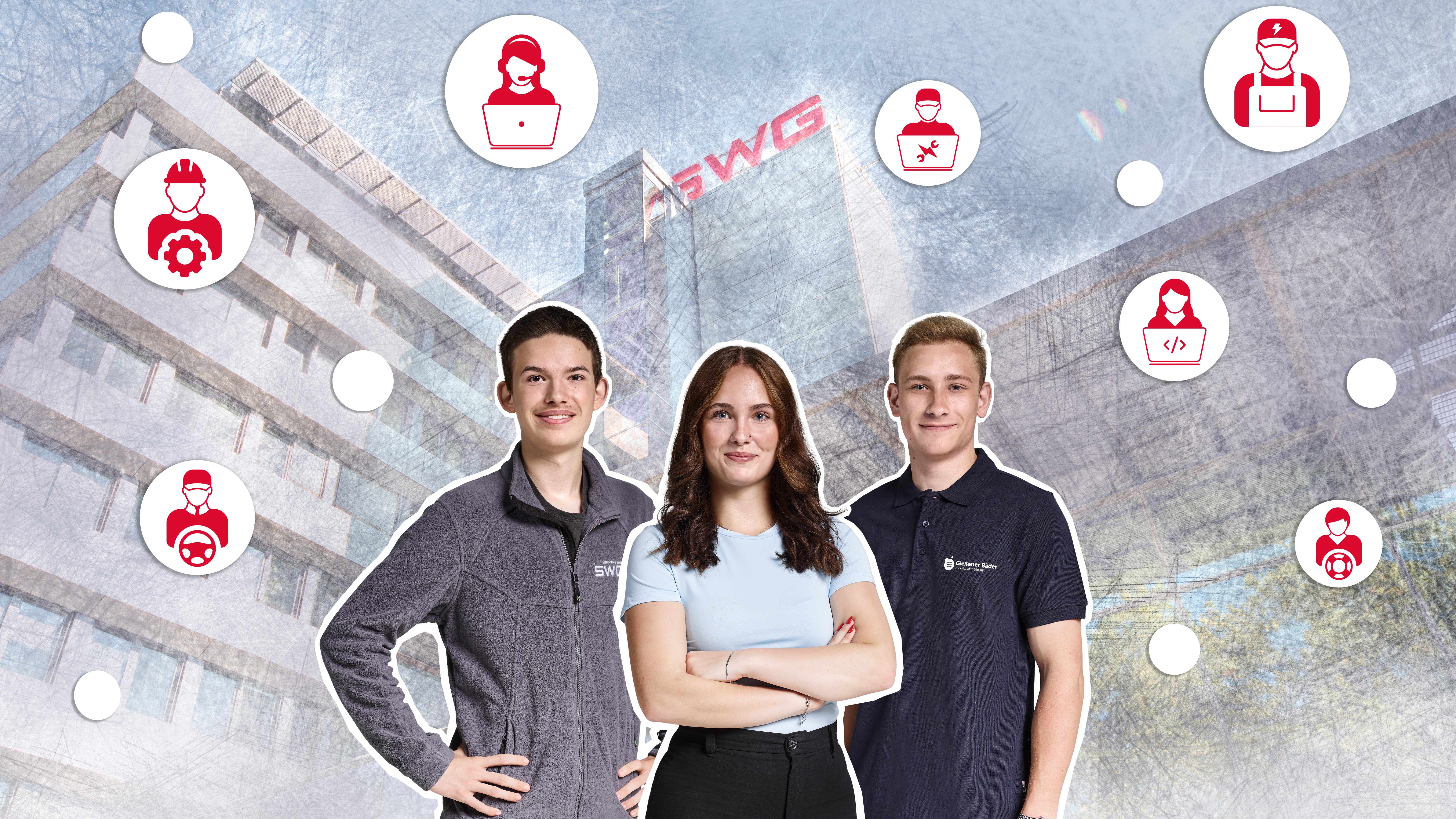 Drei Auszubildende der SWG lächeln entschlossen in die Kamera. Dahinter ist das Firmengebäude der SWG zu sehen.
