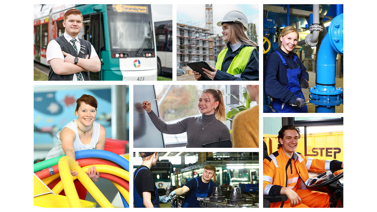 Collage aus sieben Bildern. Es werden Personen bei der Ausübung verschiedener Berufe gezeigt.
