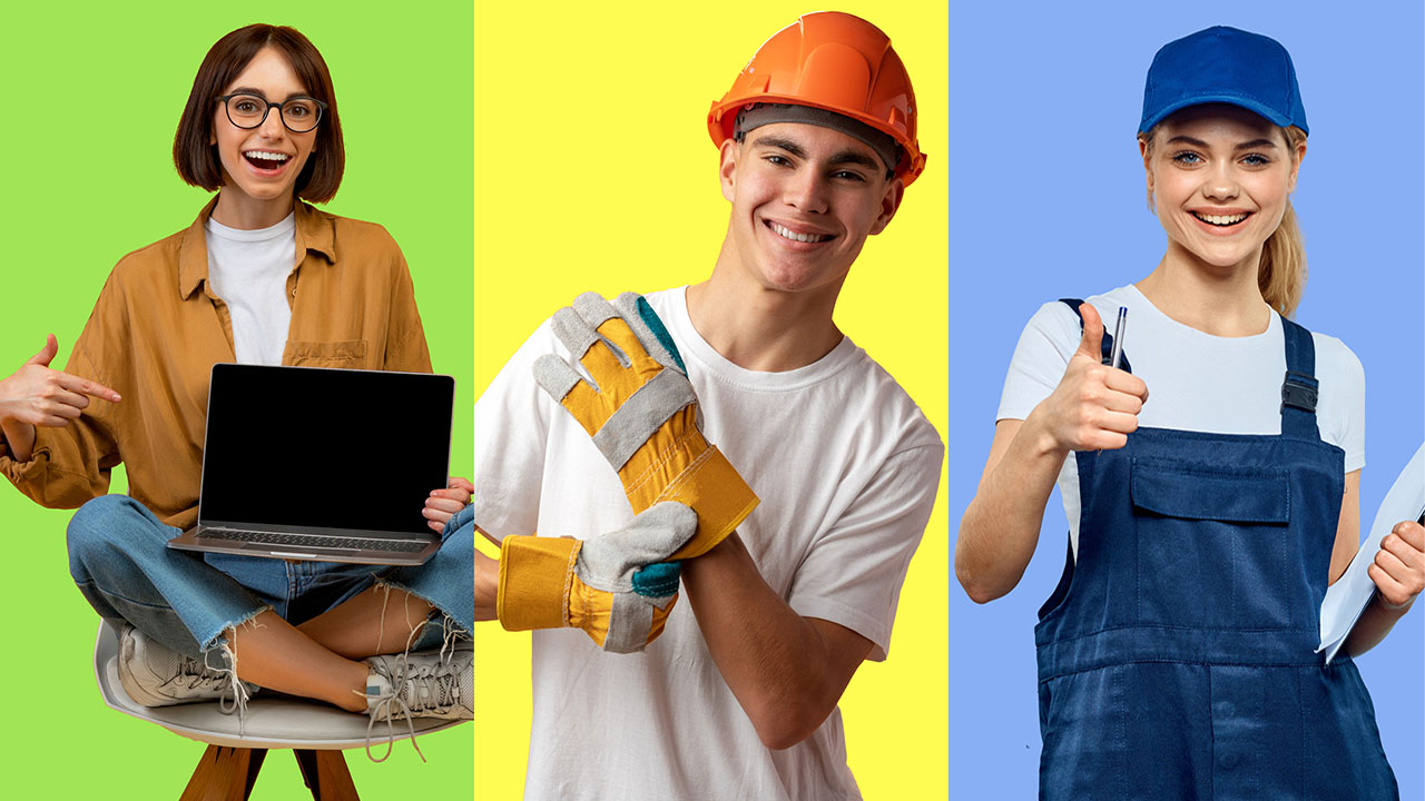 Bildcollage: Frau sitzt mit Laptop auf einem Stuhl mit grünem Hintergrund; Mann im weißen T-Shirt und roten Helm vor gelbem Hintergrund; junges Mädchen im Blaumannanzug mit blauem Helm