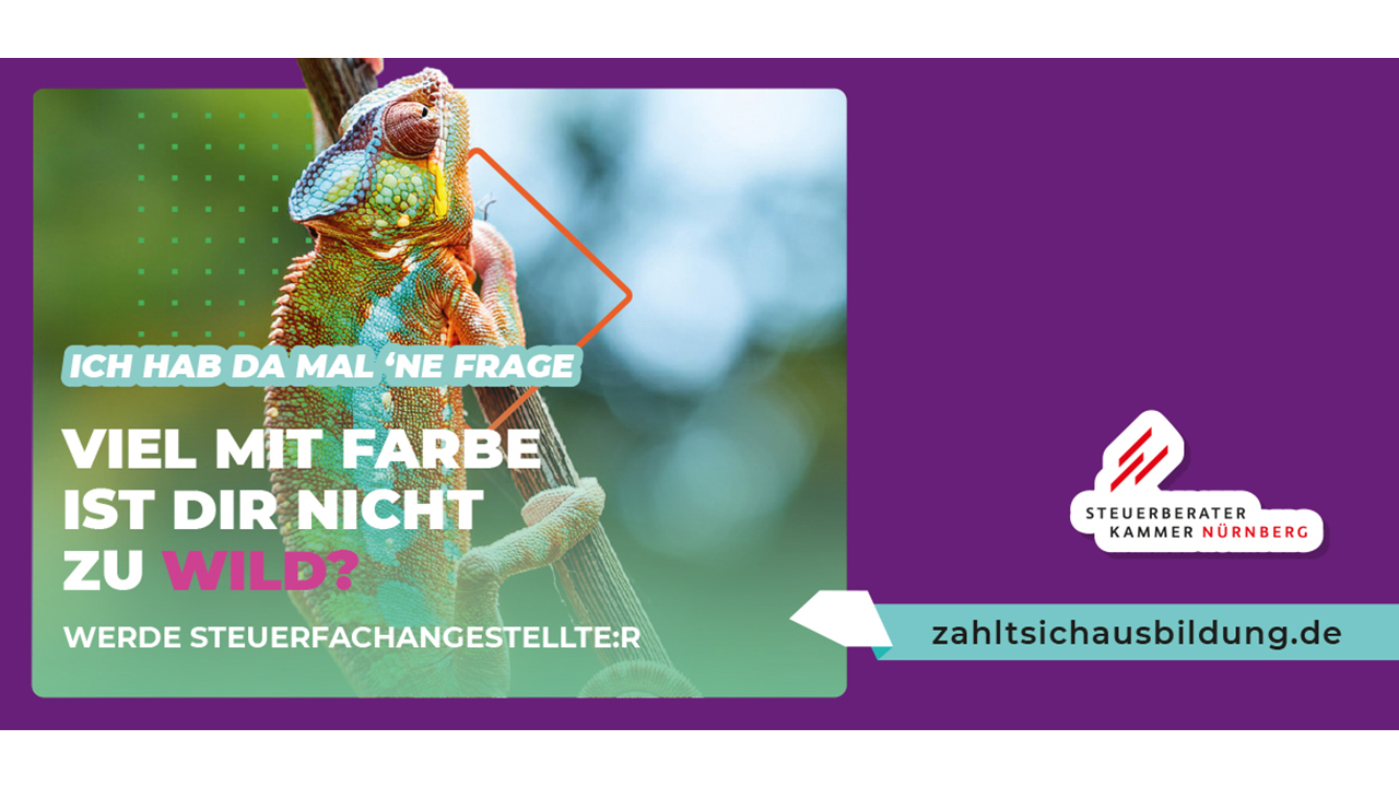 Collage. Ein buntes Chamäleon an einem Ast dazu der Slogan: Hab da mal 'ne Frage: Viel mit Farbe ist dir nicht zu wild? Werde Steuerfachangestellte:r. Rechts die Website zahltsichausbildung.de