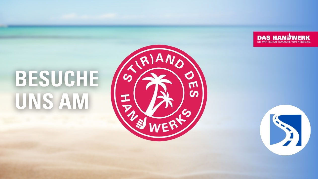 Strandbild mit Aufschrift "Besuche uns am St(r)and des Handwerks" und Logo Baugewerken-Innung Oldenburg