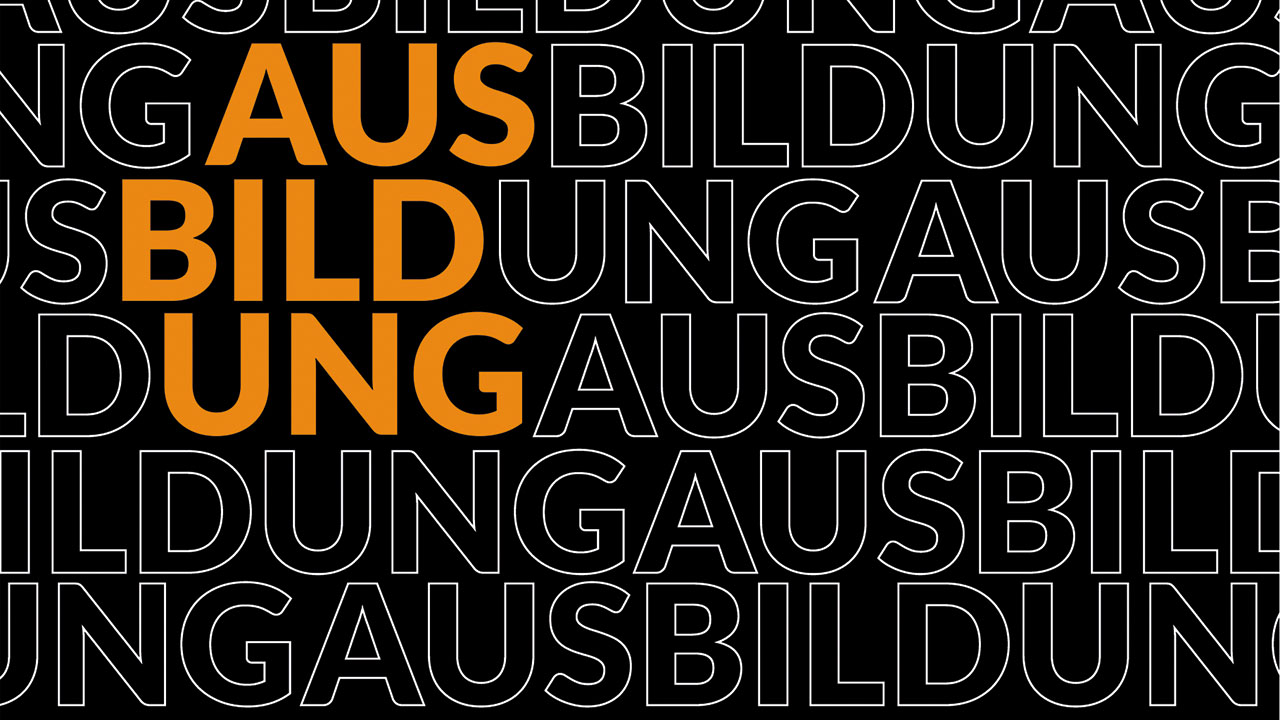 Schwarz-Weiß-Bild mit AUSBILDUNG in Orange.